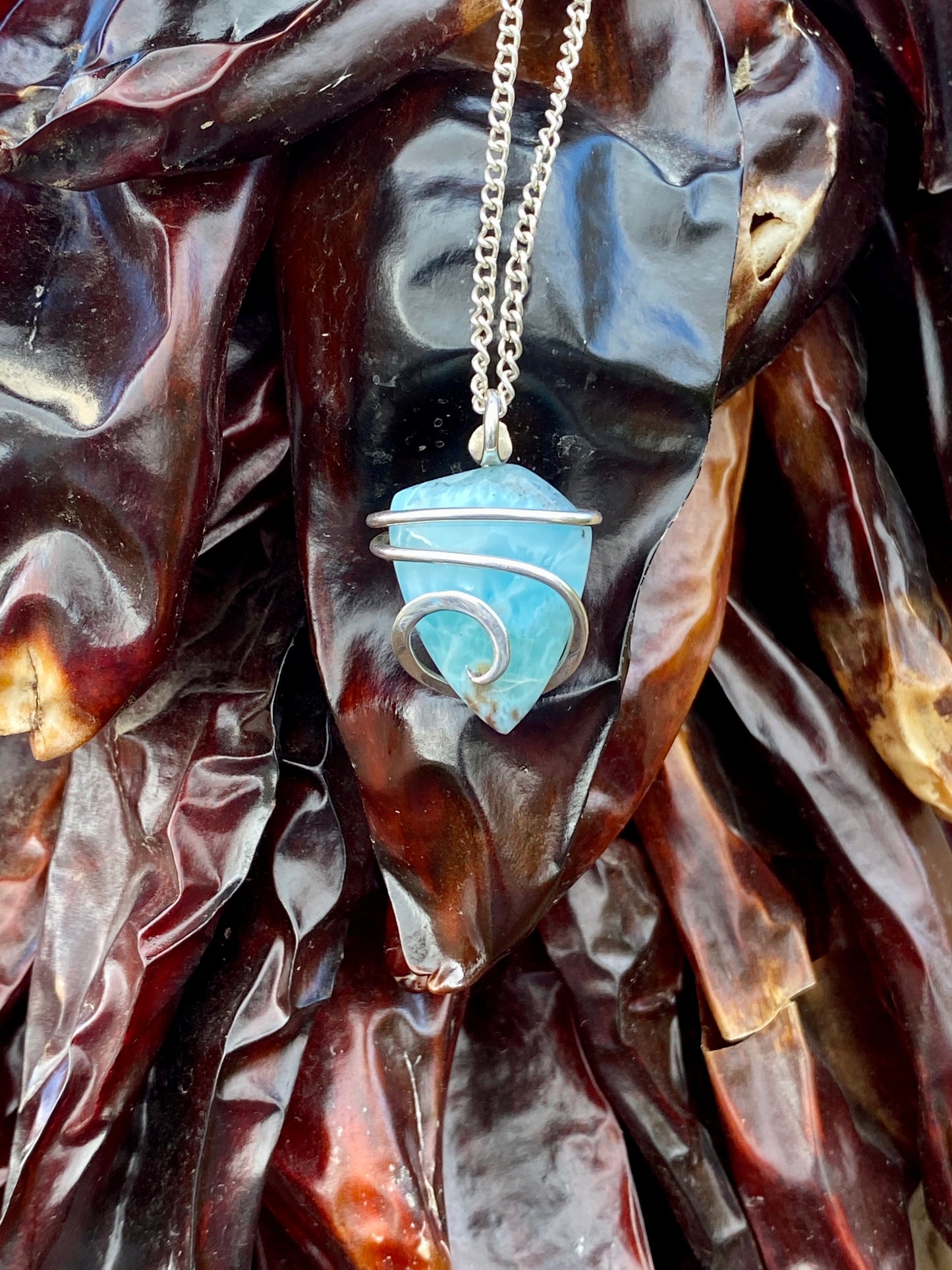 Larimar Cabochon in Sterling Silver Tension Wrapped Pendant
