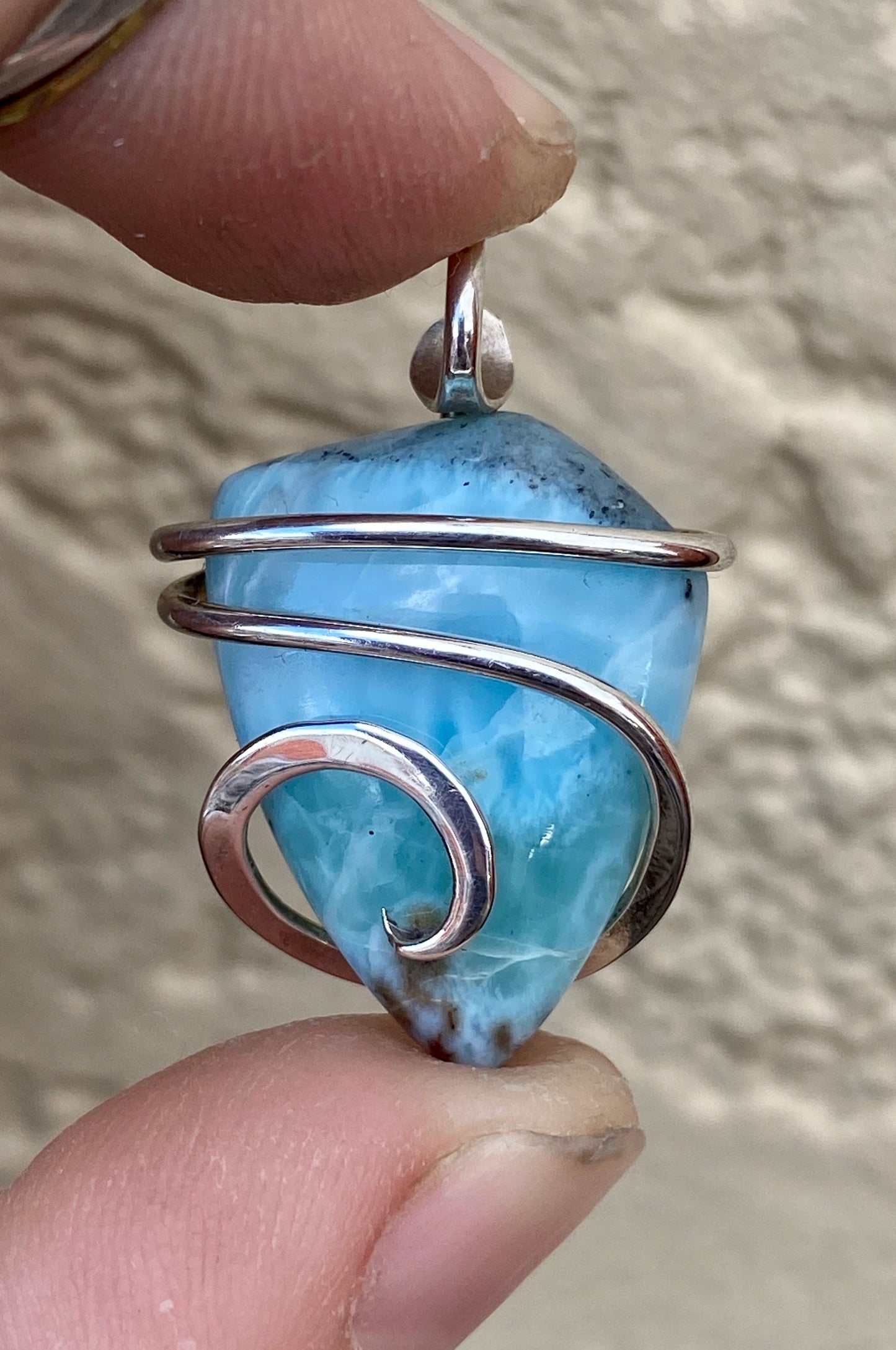 Larimar Cabochon in Sterling Silver Tension Wrapped Pendant