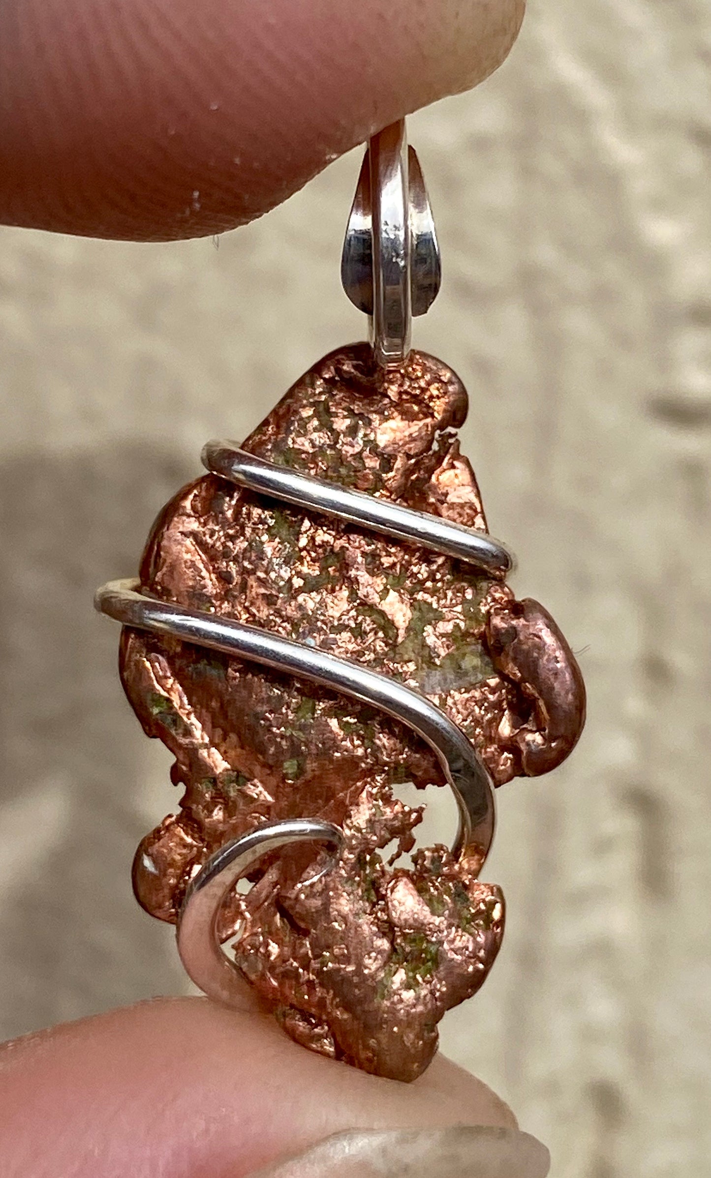 Copper Nugget in Sterling Silver Tension Wrapped Pendant