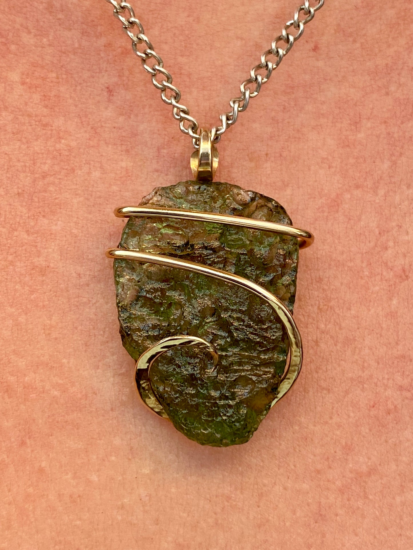Moldavite in 14kt Gold Tension Wrapped Pendant
