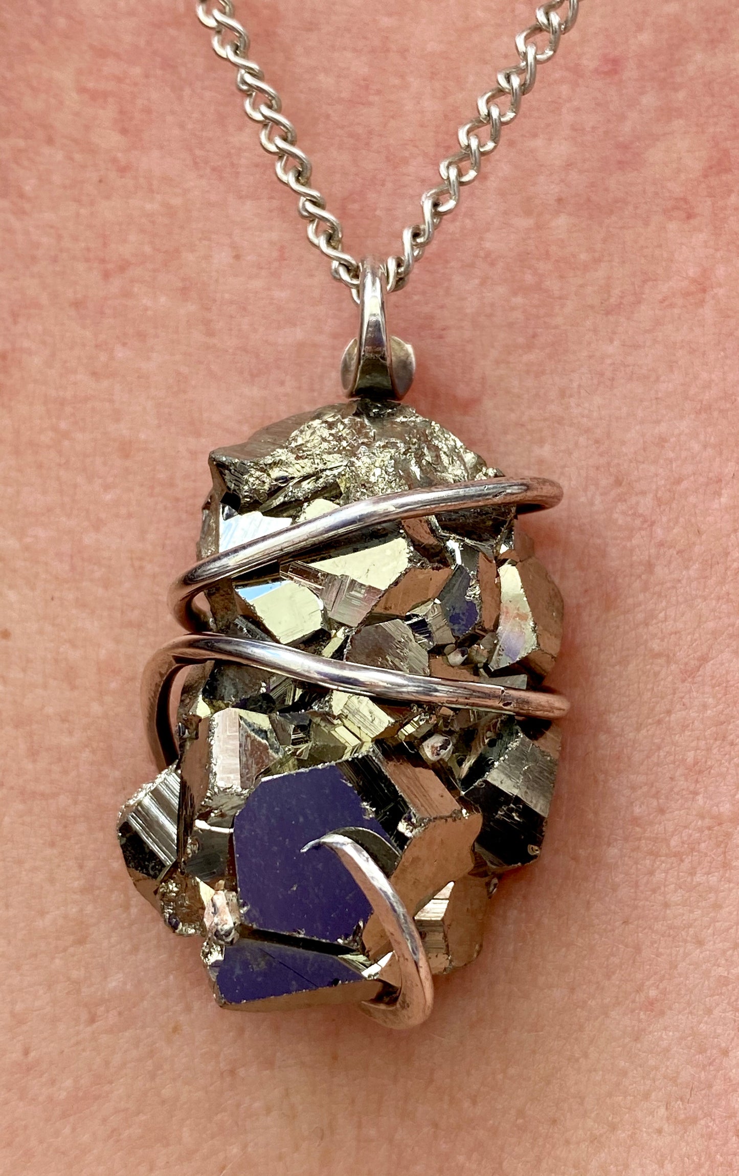 Pyrite Nugget in Sterling Silver Tension Wrapped Pendant