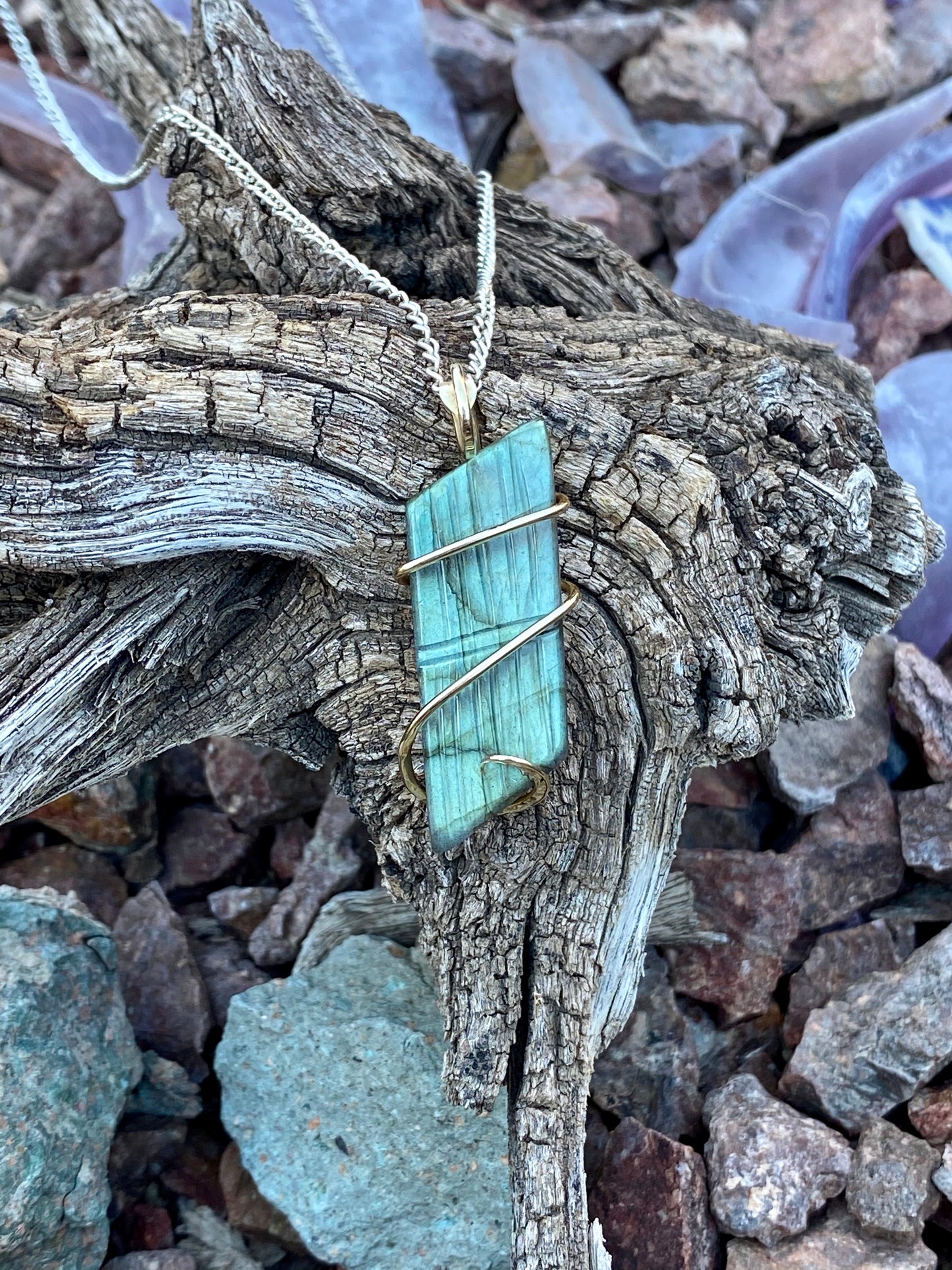 Carved Labradorite Cabochon in 14kt Gold Tension Wrapped Pendant