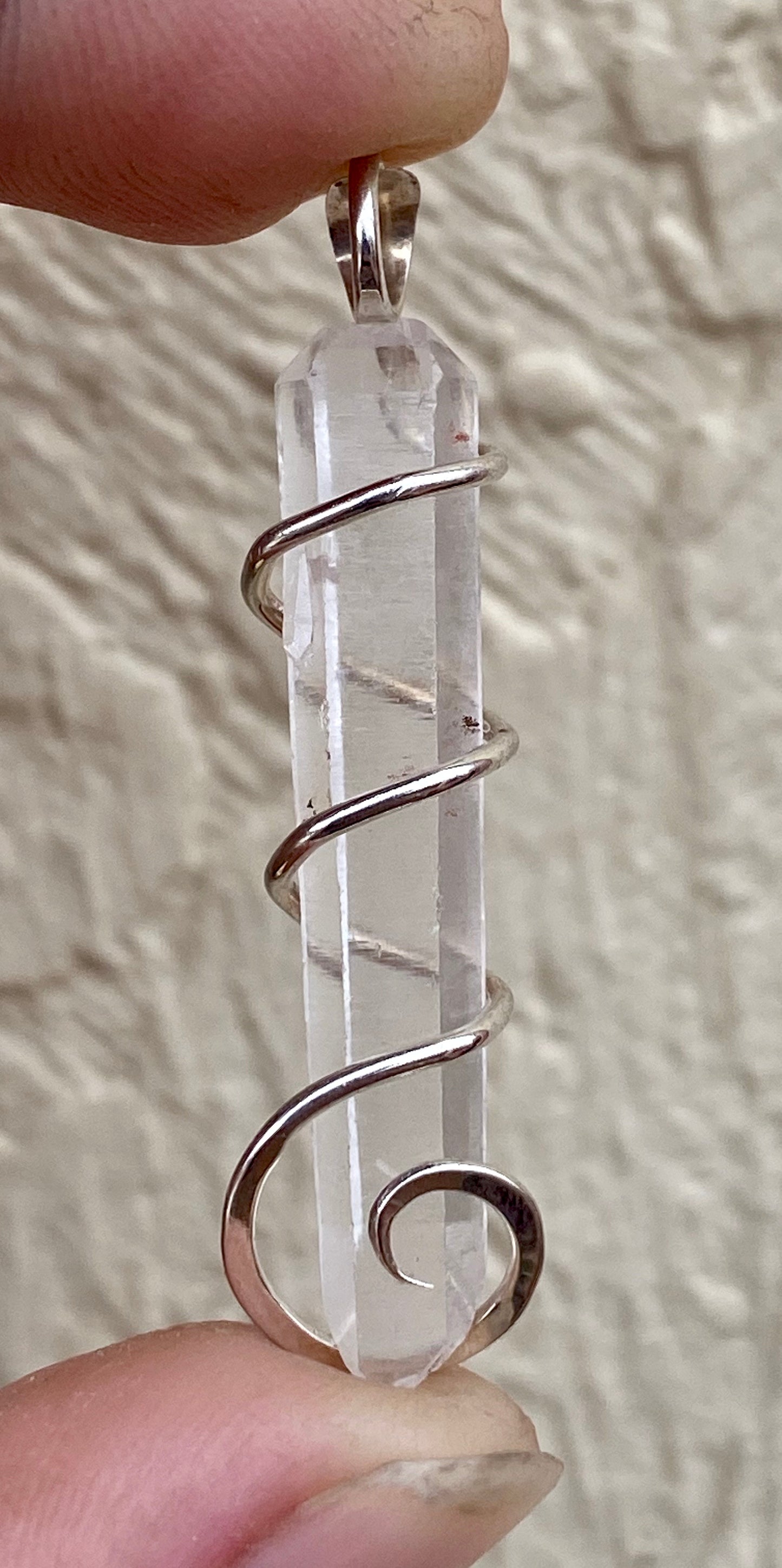 Quartz Crystal in Sterling Silver Tension Wrapped Pendant