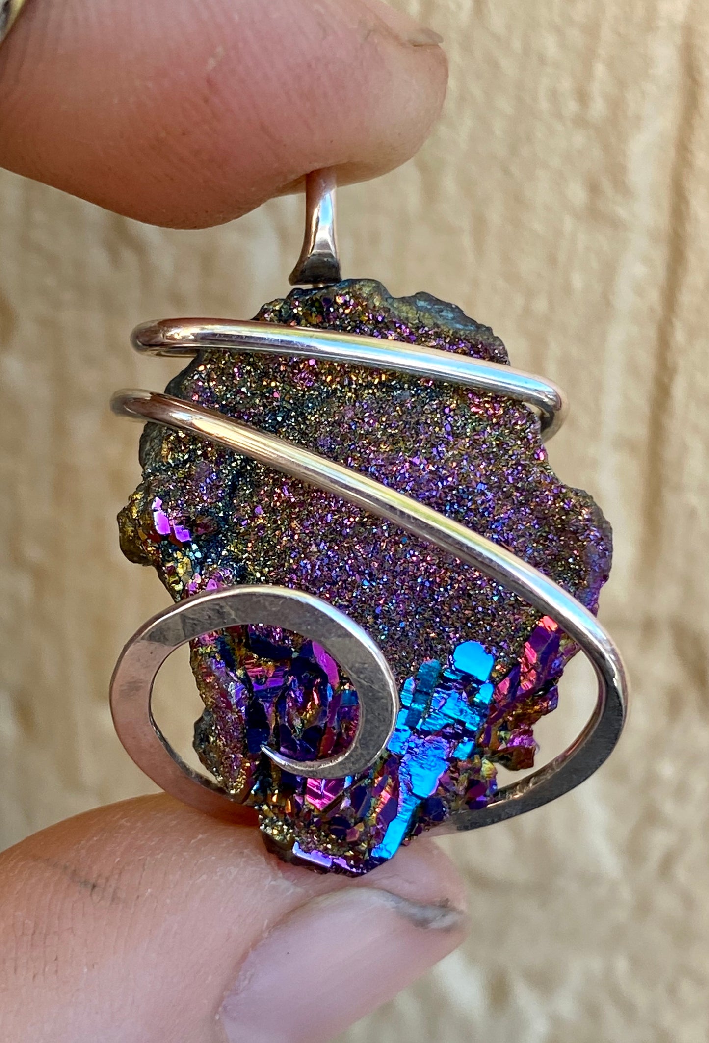 Titanium Infused Druzy in Sterling Silver Tension Wrapped Pendant
