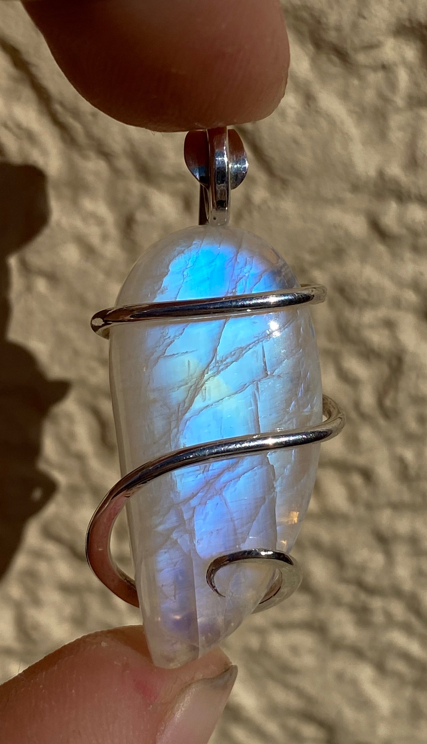 Moonstone Cabochon in Sterling Silver Tension Wrapped Pendant