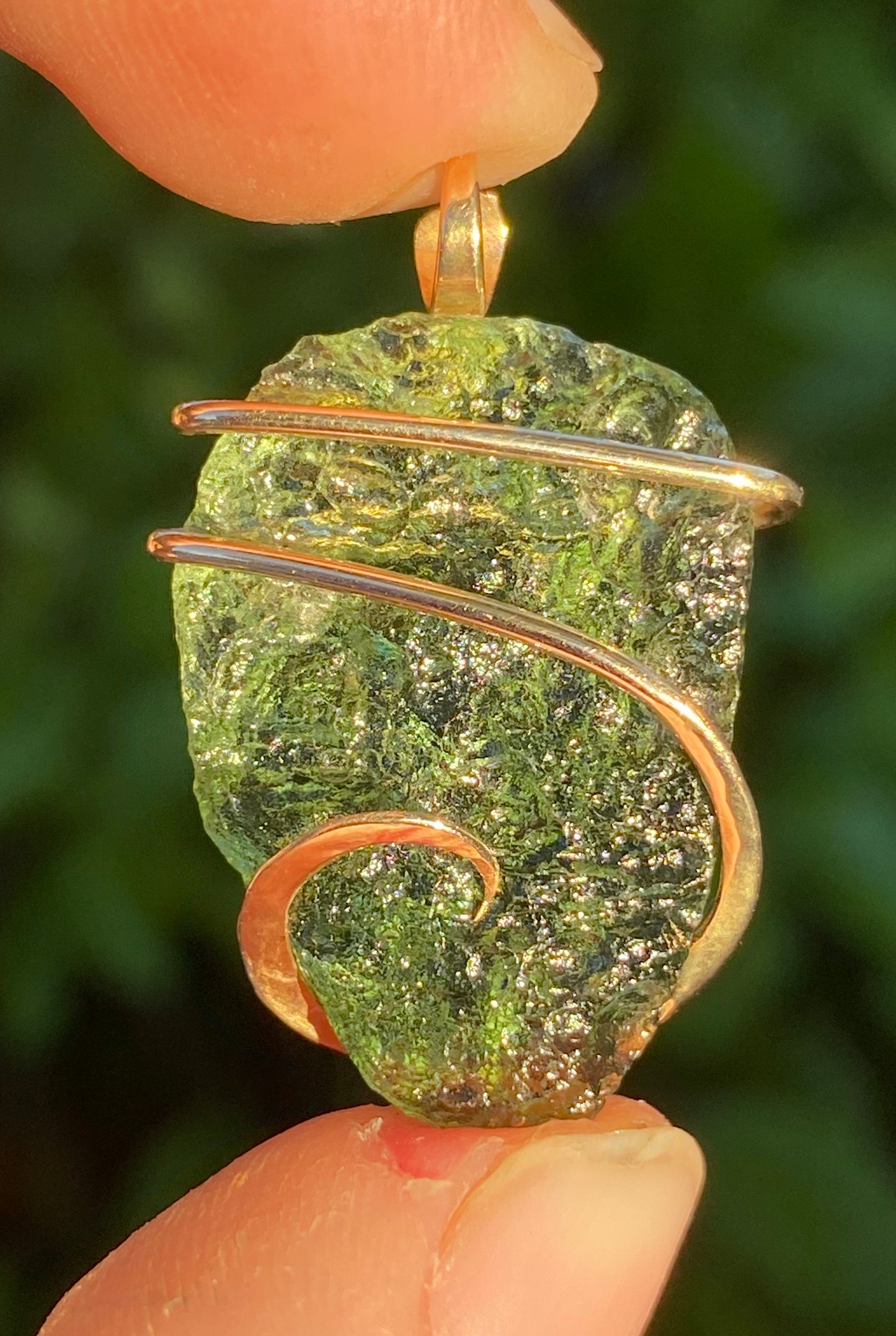 Moldavite in 14kt Gold Tension Wrapped Pendant