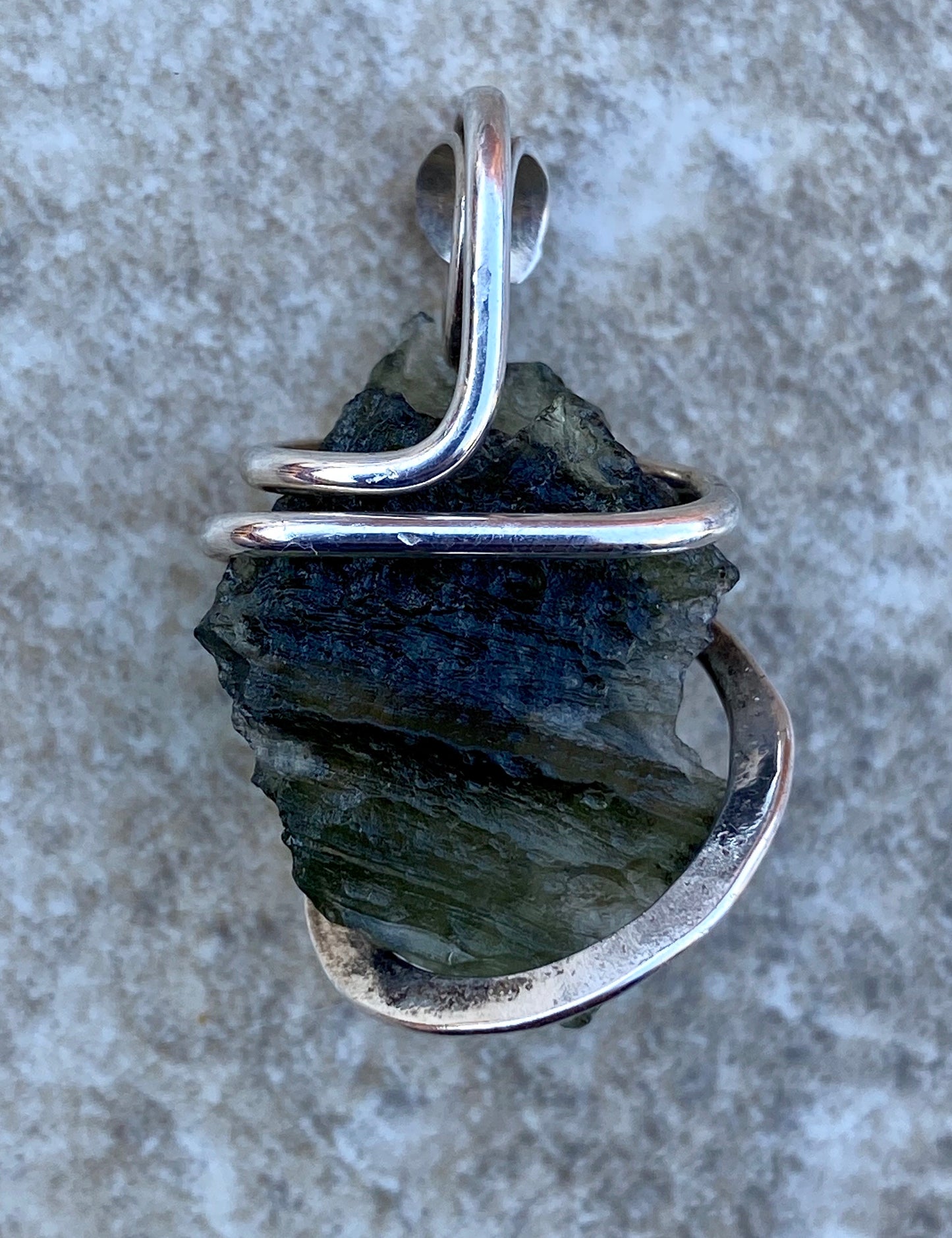 Moldavite in Sterling Silver Tension Wrapped Pendant