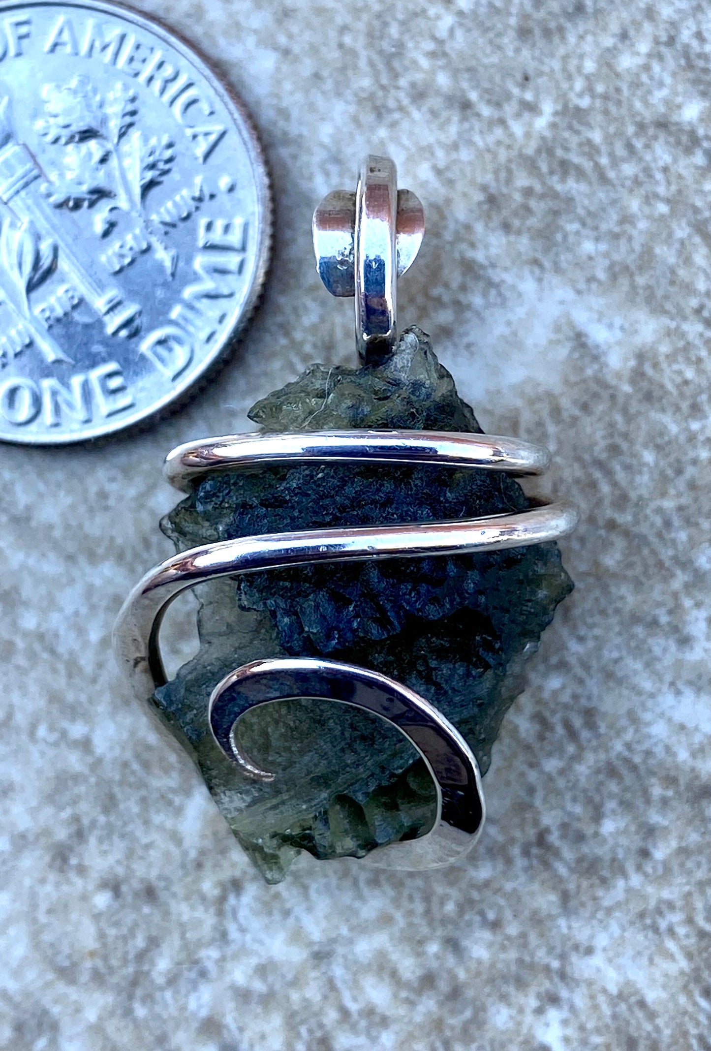 Moldavite in Sterling Silver Tension Wrapped Pendant