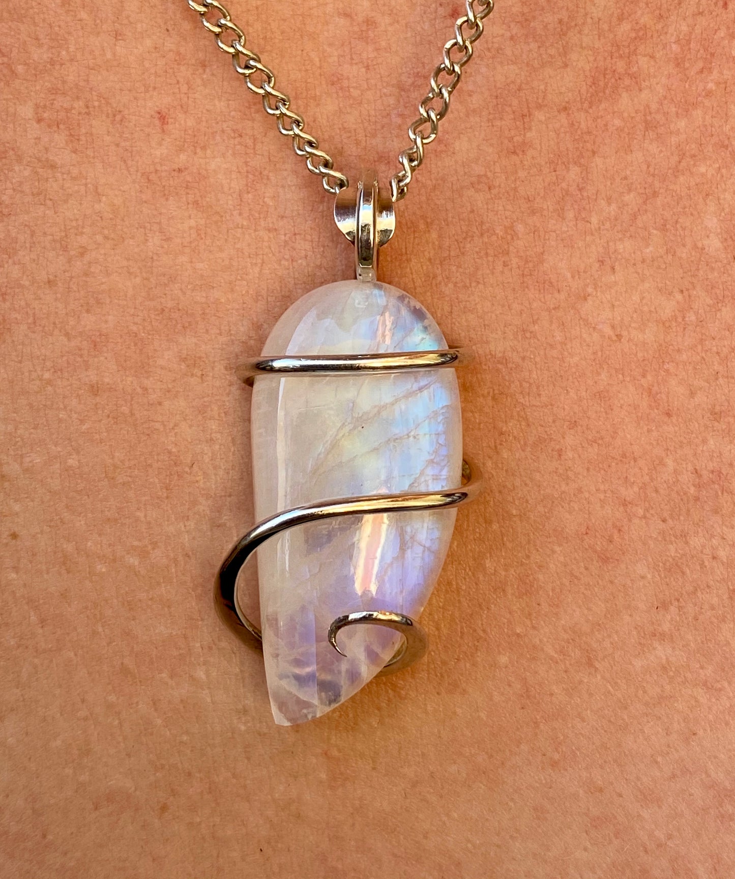 Moonstone Cabochon in Sterling Silver Tension Wrapped Pendant