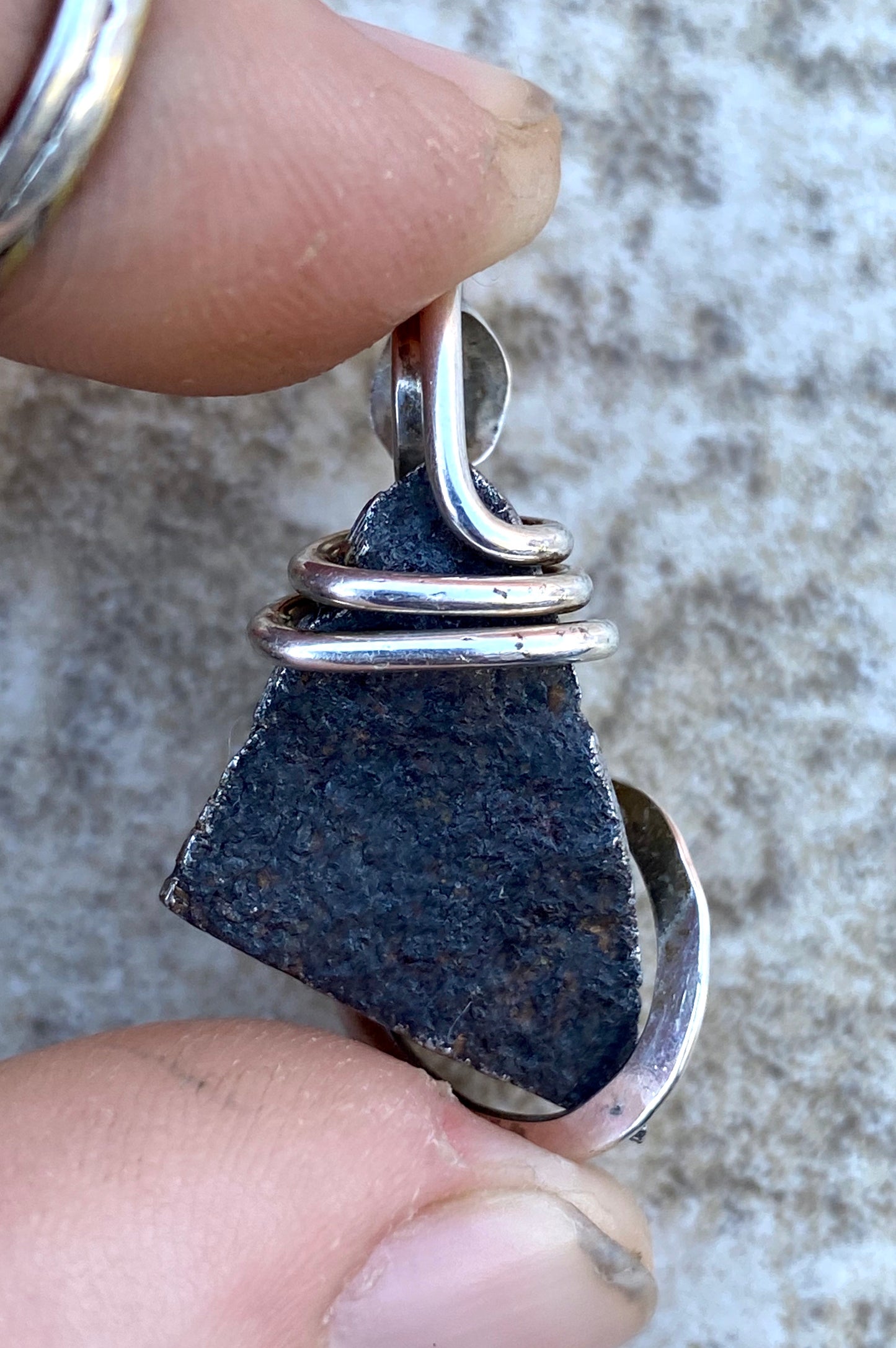 Sliced Meteorite in Sterling Silver Tension Wrapped Pendant