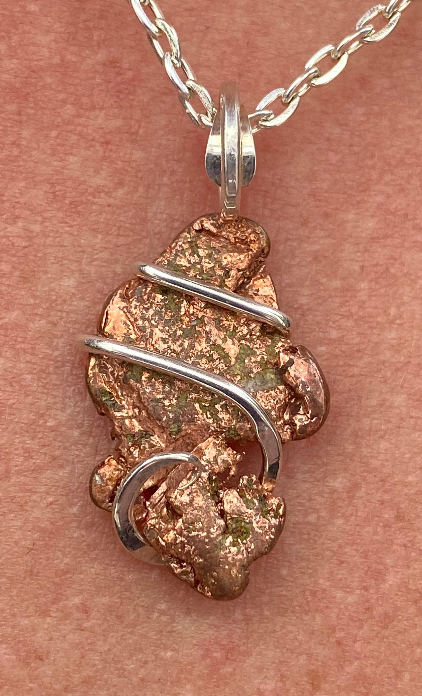 Copper Nugget in Sterling Silver Tension Wrapped Pendant