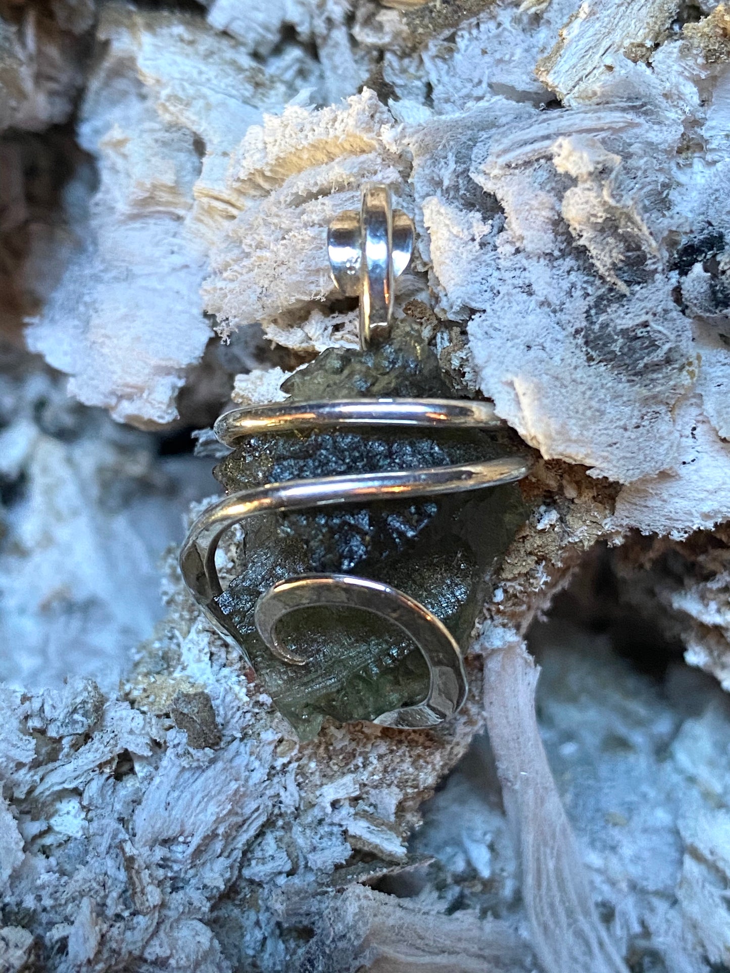 Moldavite in Sterling Silver Tension Wrapped Pendant