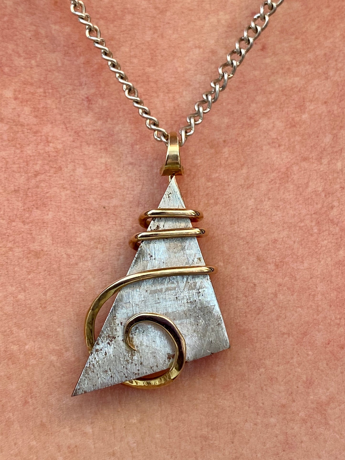 Sliced Meteorite in 14kt Gold Tension Wrapped Pendant