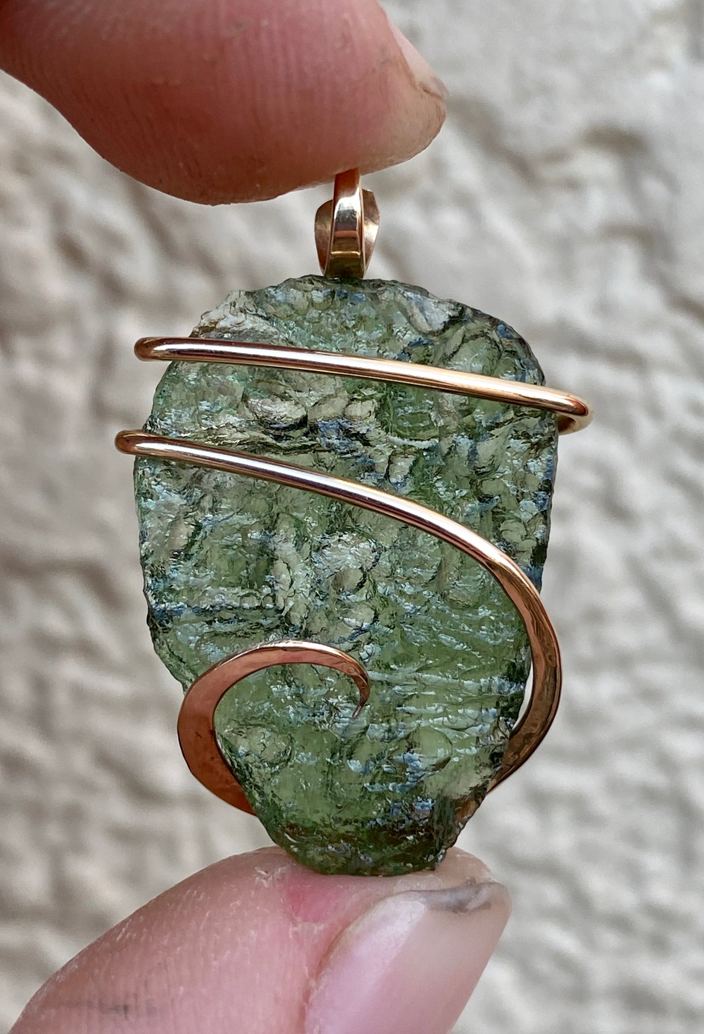 Moldavite in 14kt Gold Tension Wrapped Pendant