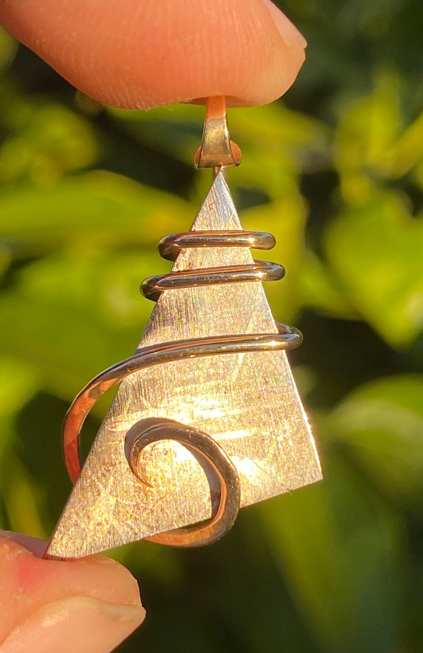 Sliced Meteorite in 14kt Gold Tension Wrapped Pendant
