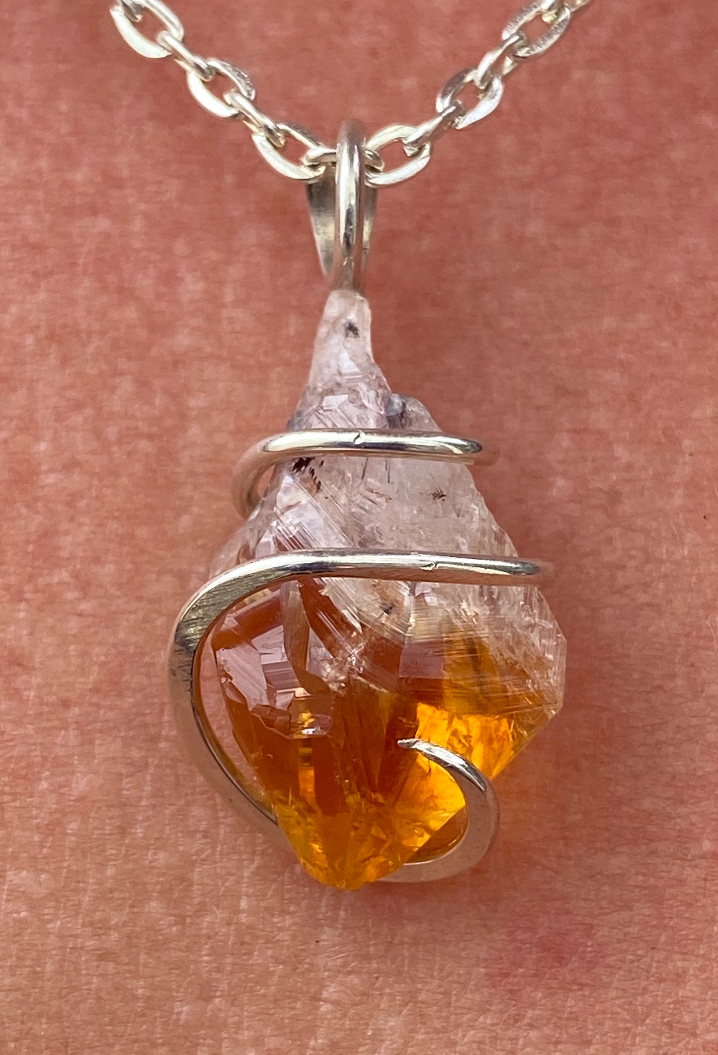 Citrine Crystal in Sterling Silver Tension Wrapped Pendant