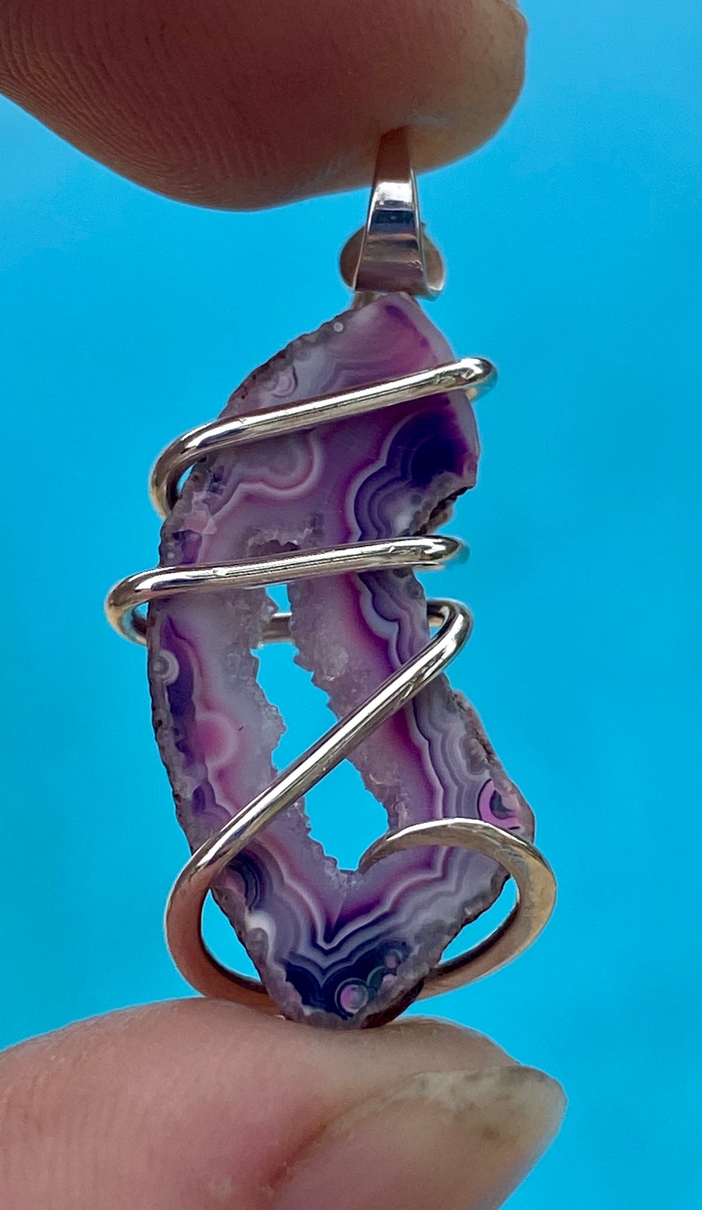 Dyed Oco Geode Slice in Sterling Silver Tension Wrapped Pendant