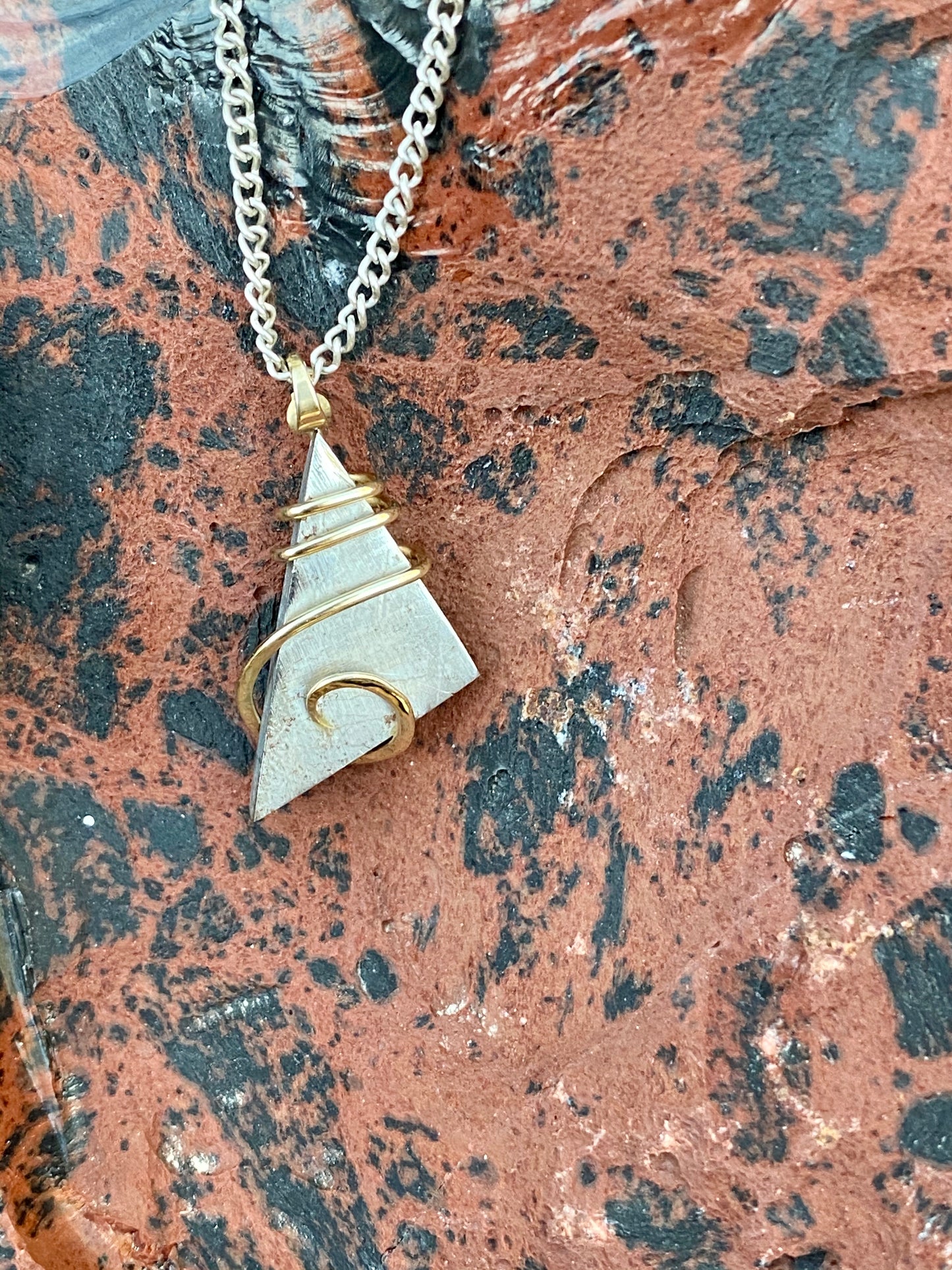 Sliced Meteorite in 14kt Gold Tension Wrapped Pendant