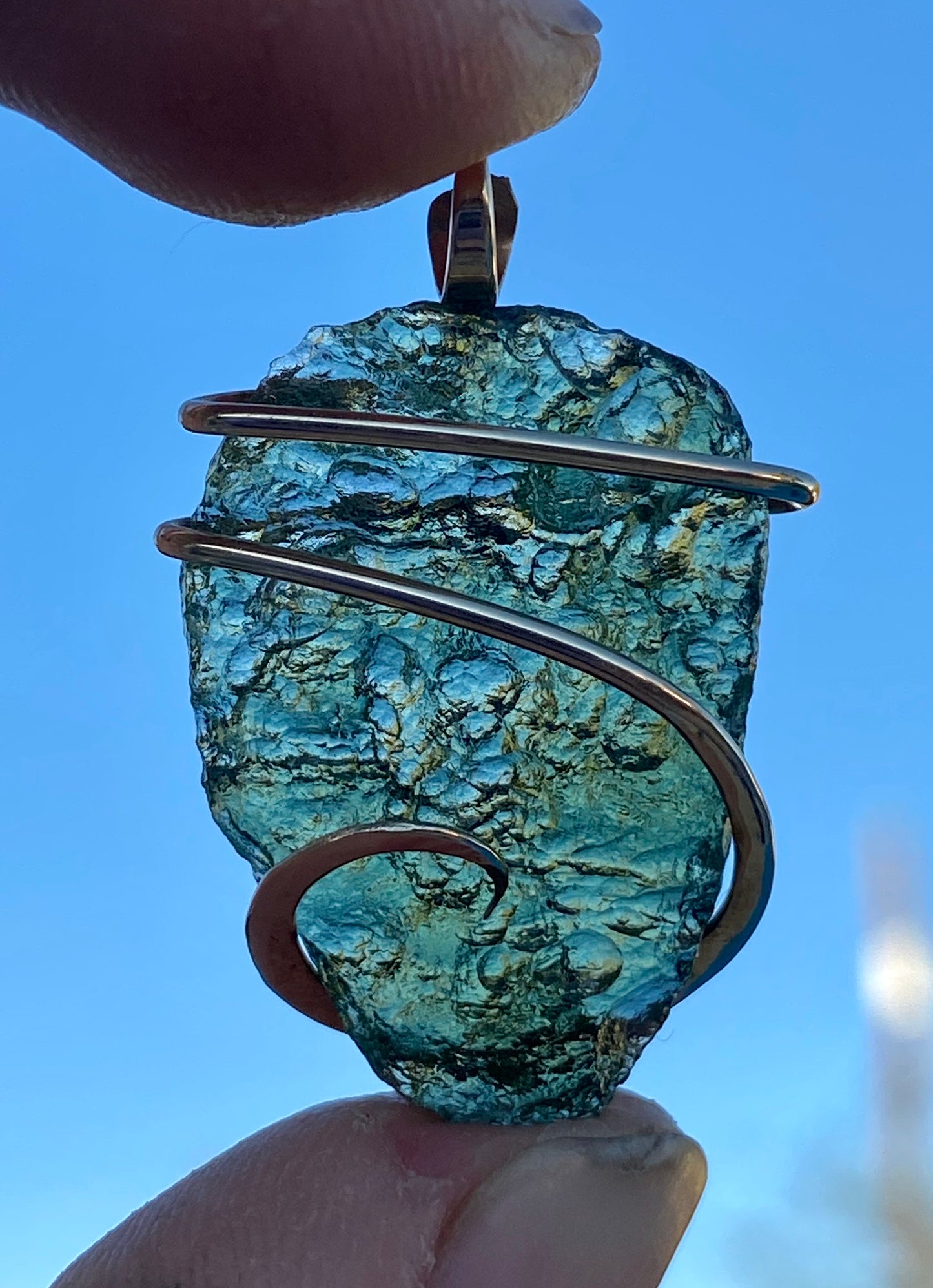 Moldavite in 14kt Gold Tension Wrapped Pendant