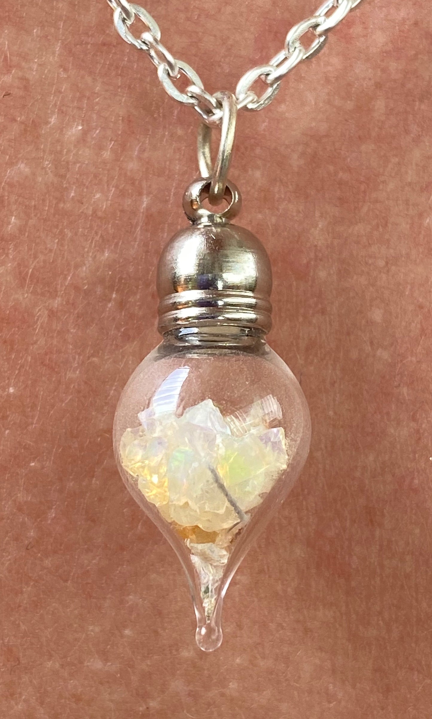 October Birthstone Opal Glass Vial Pendant