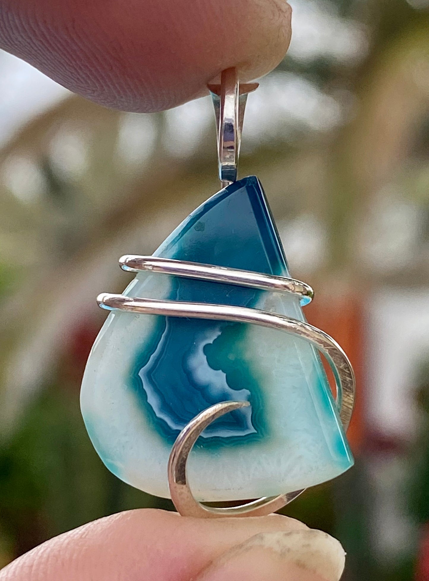 Dyed Agate Slice in Sterling Silver Tension Wrapped Pendant