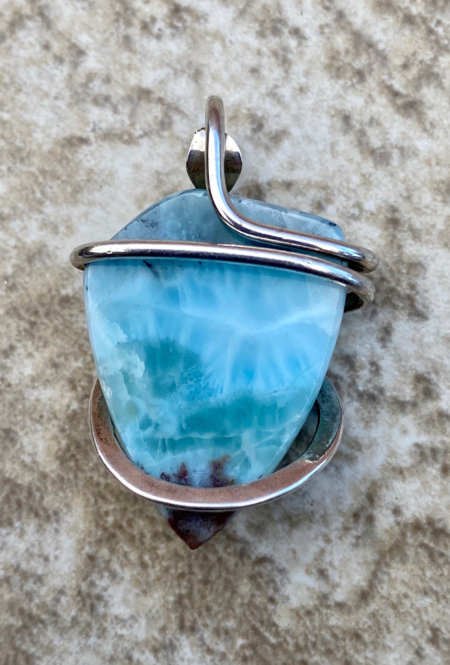 Larimar Cabochon in Sterling Silver Tension Wrapped Pendant