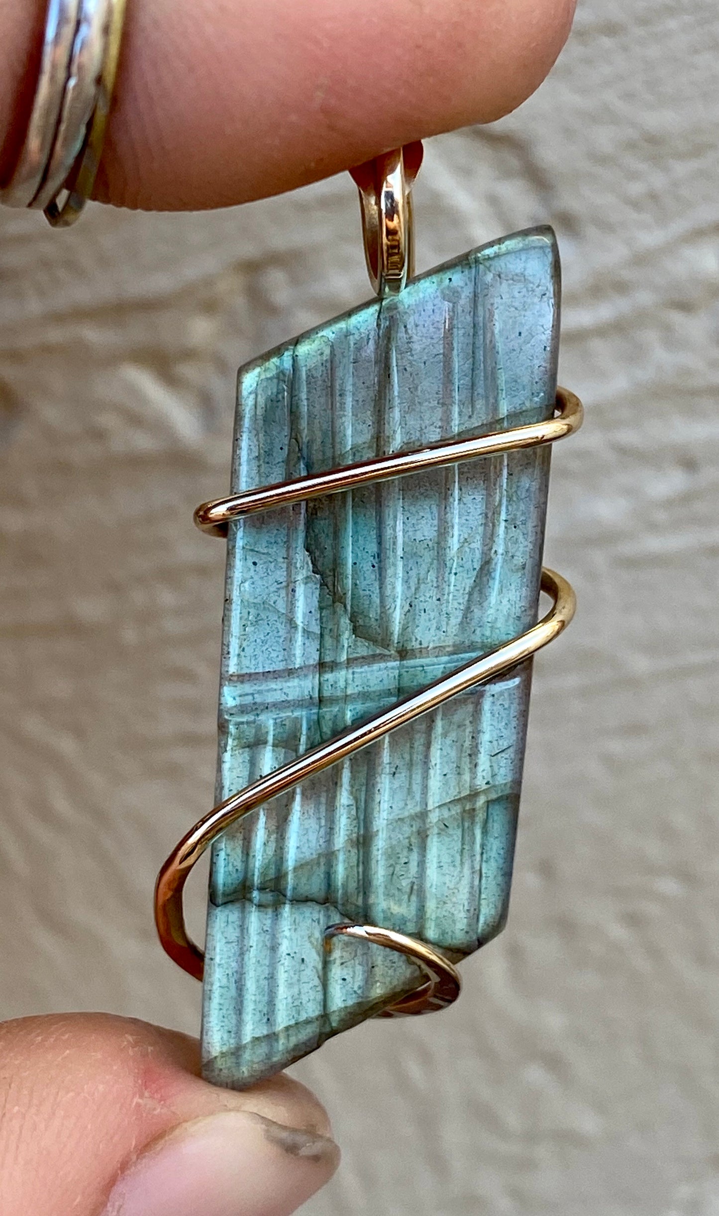 Carved Labradorite Cabochon in 14kt Gold Tension Wrapped Pendant