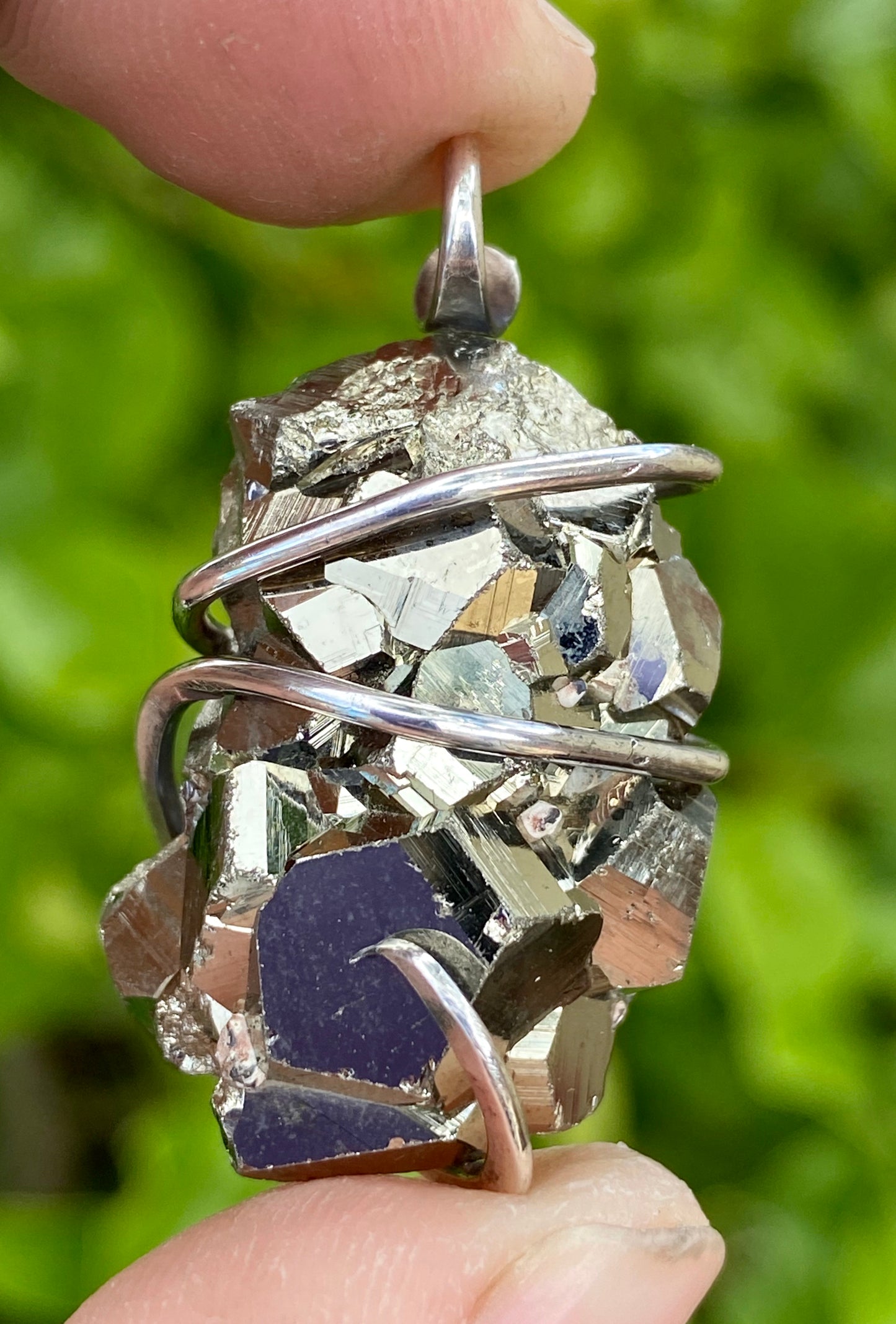 Pyrite Nugget in Sterling Silver Tension Wrapped Pendant