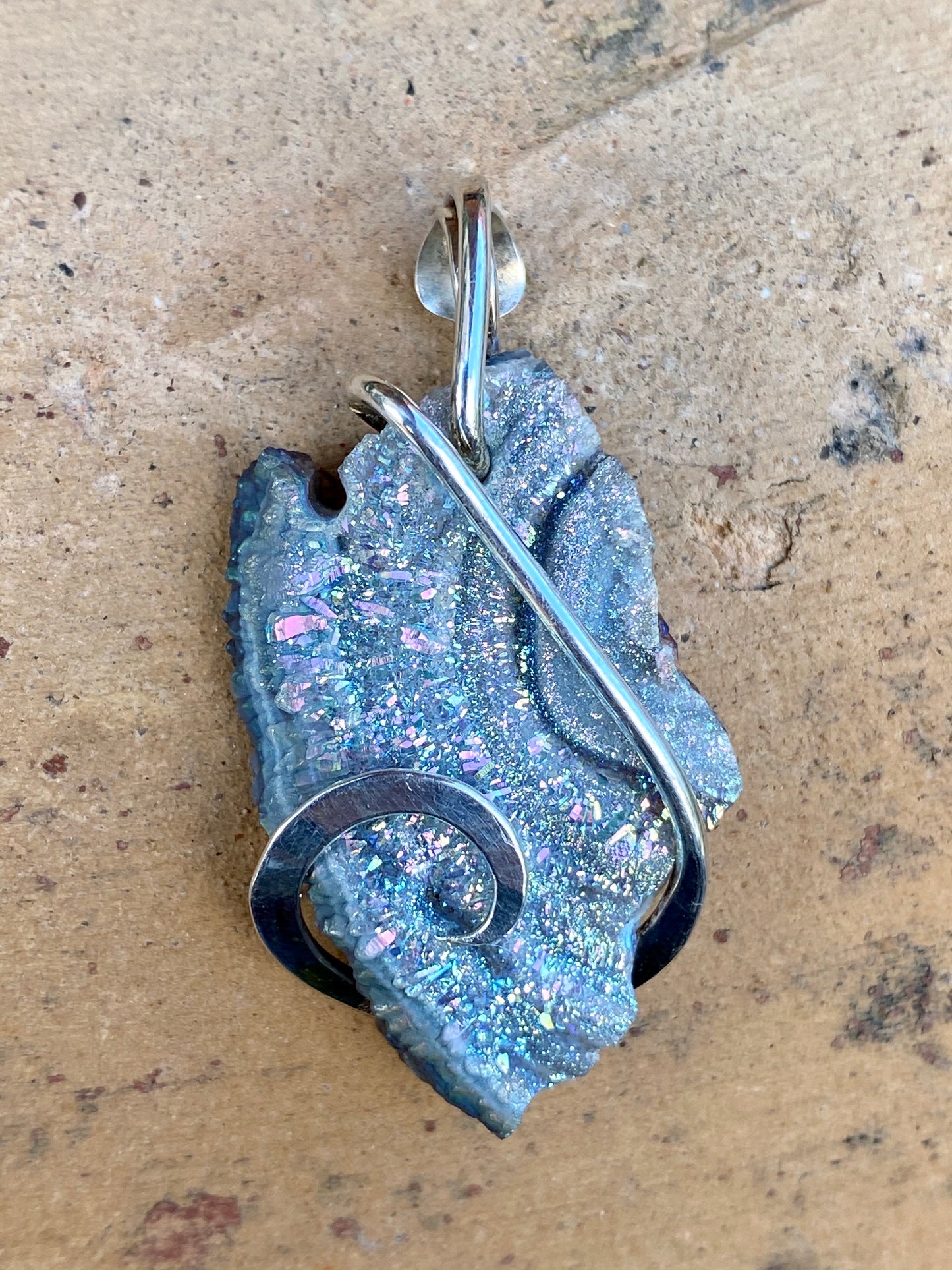 Platinum Infused Druzy in Sterling Silver Tension Wrapped Pendant