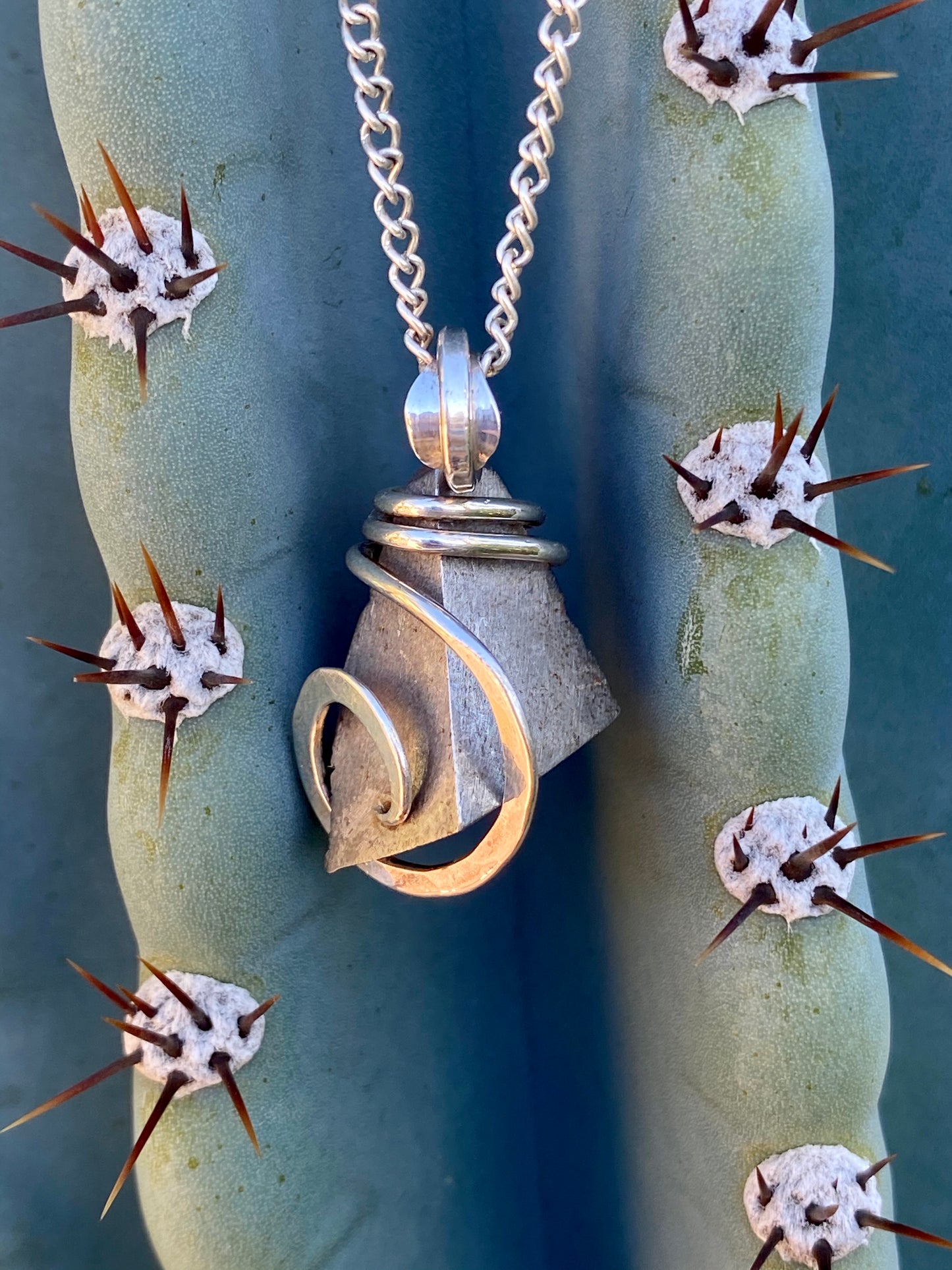 Sliced Meteorite in Sterling Silver Tension Wrapped Pendant