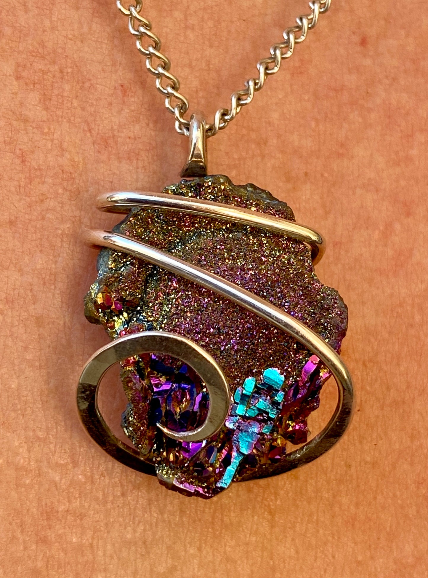 Titanium Infused Druzy in Sterling Silver Tension Wrapped Pendant