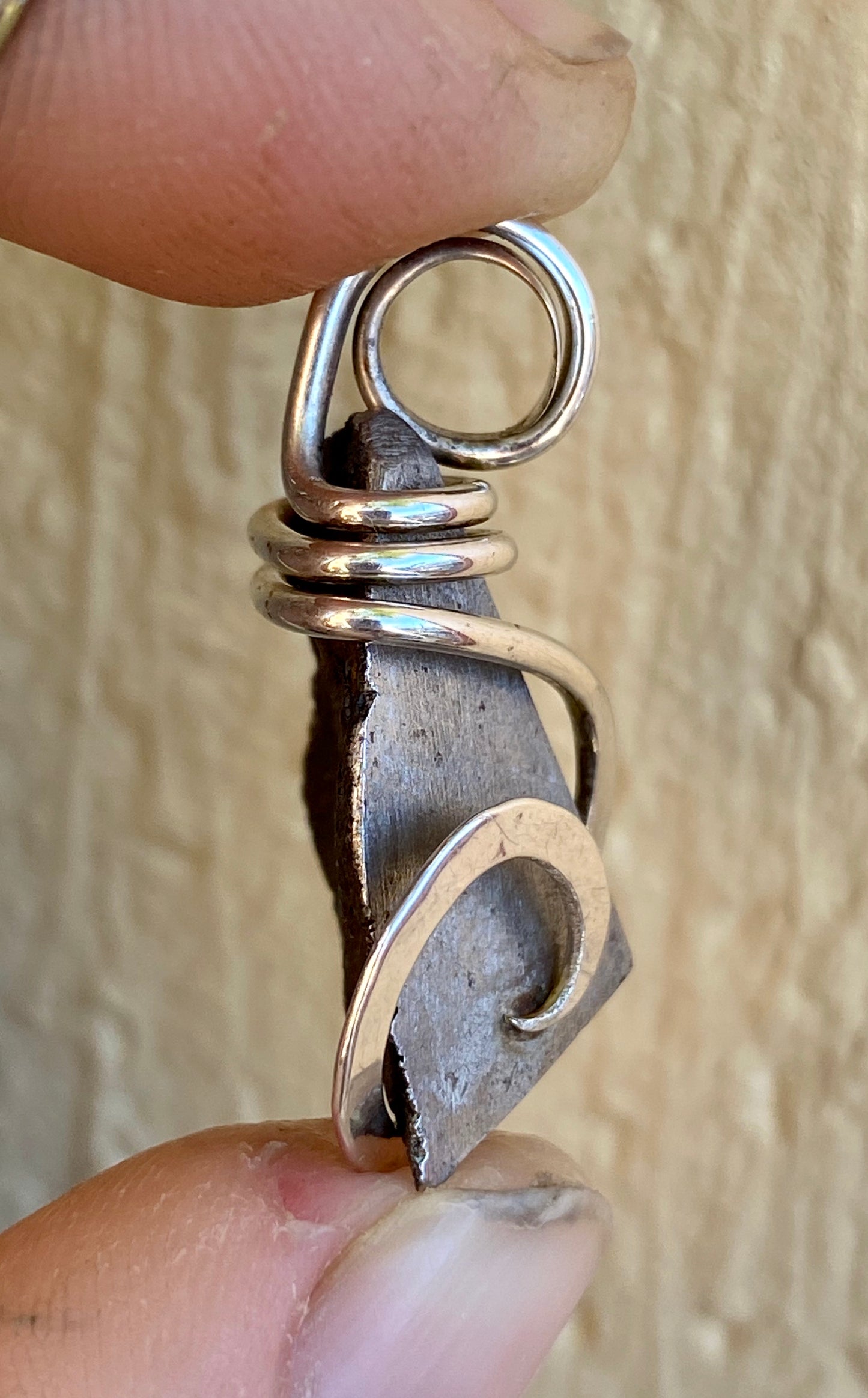 Sliced Meteorite in Sterling Silver Tension Wrapped Pendant