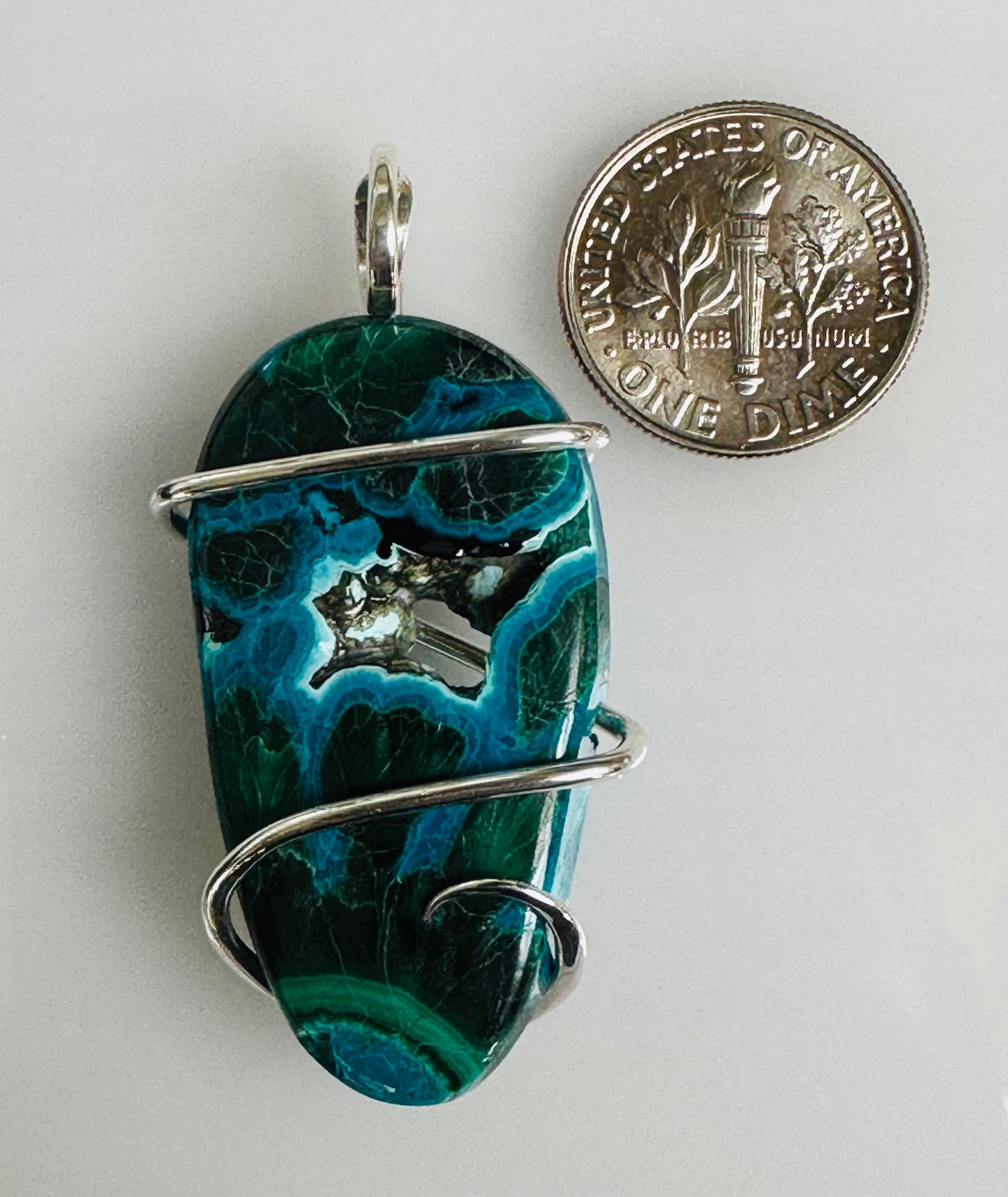 Azurite & Malachite Cabochon in Sterling Silver Tension Wrapped Pendant