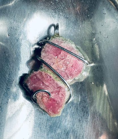 Watermelon Tourmaline Slice in Sterling Silver Tension Wrapped Pendant