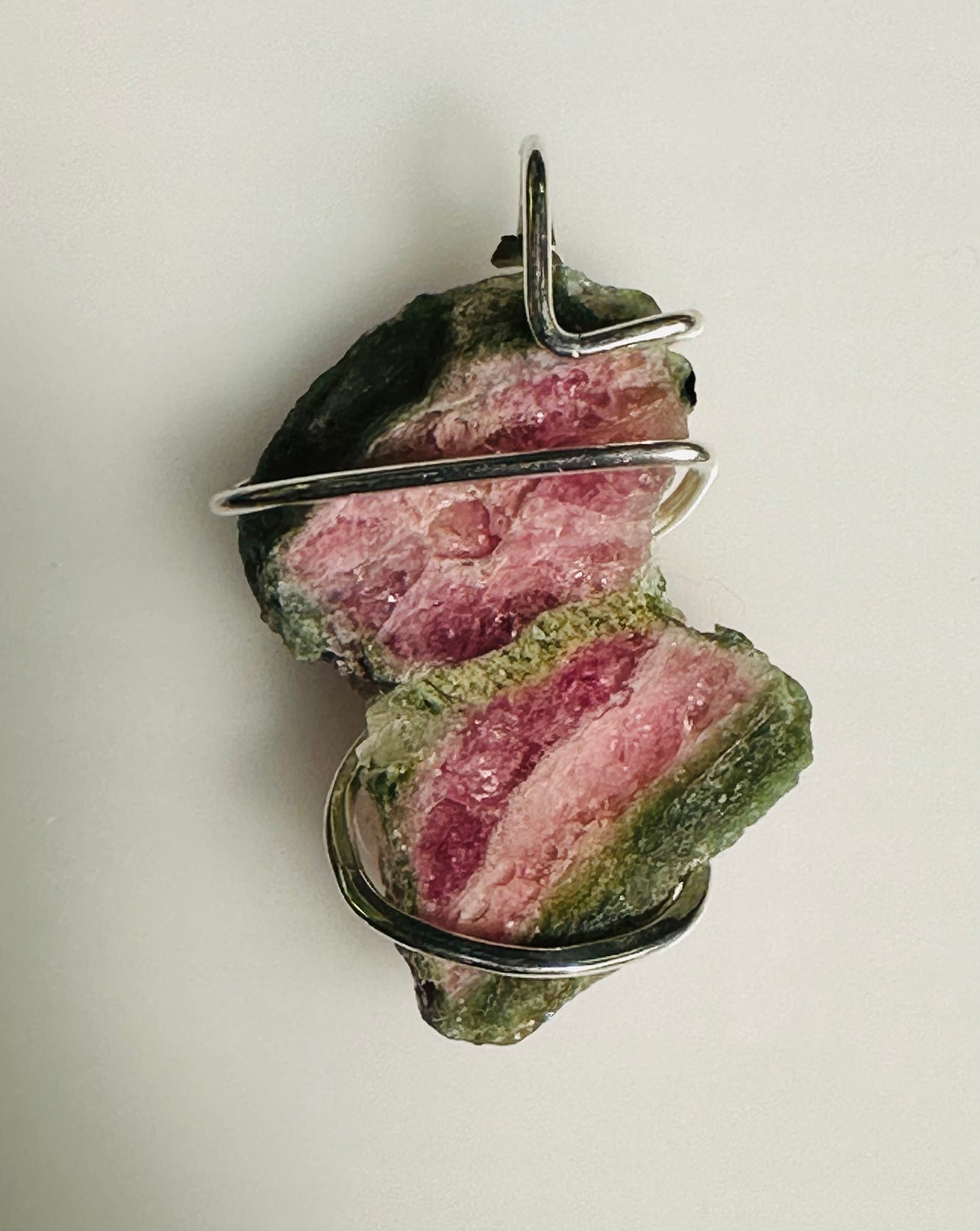 Watermelon Tourmaline Slice in Sterling Silver Tension Wrapped Pendant