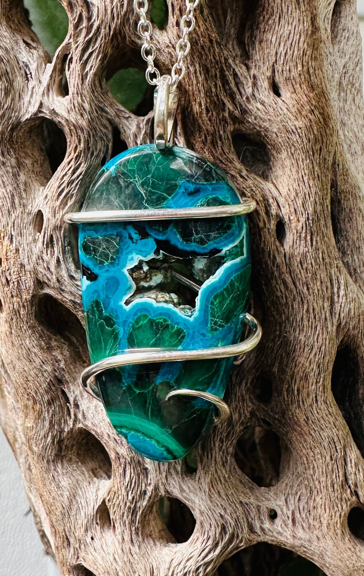 Azurite & Malachite Cabochon in Sterling Silver Tension Wrapped Pendant