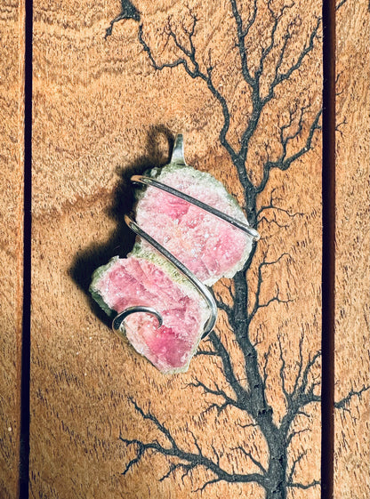 Watermelon Tourmaline Slice in Sterling Silver Tension Wrapped Pendant