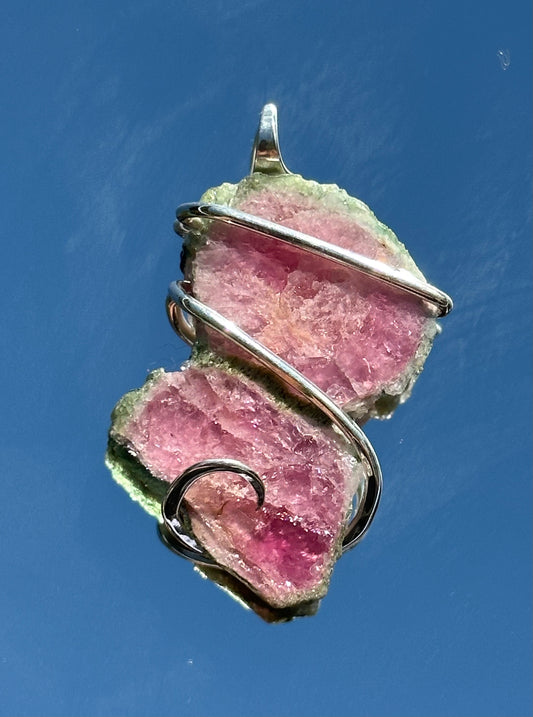 Watermelon Tourmaline Slice in Sterling Silver Tension Wrapped Pendant