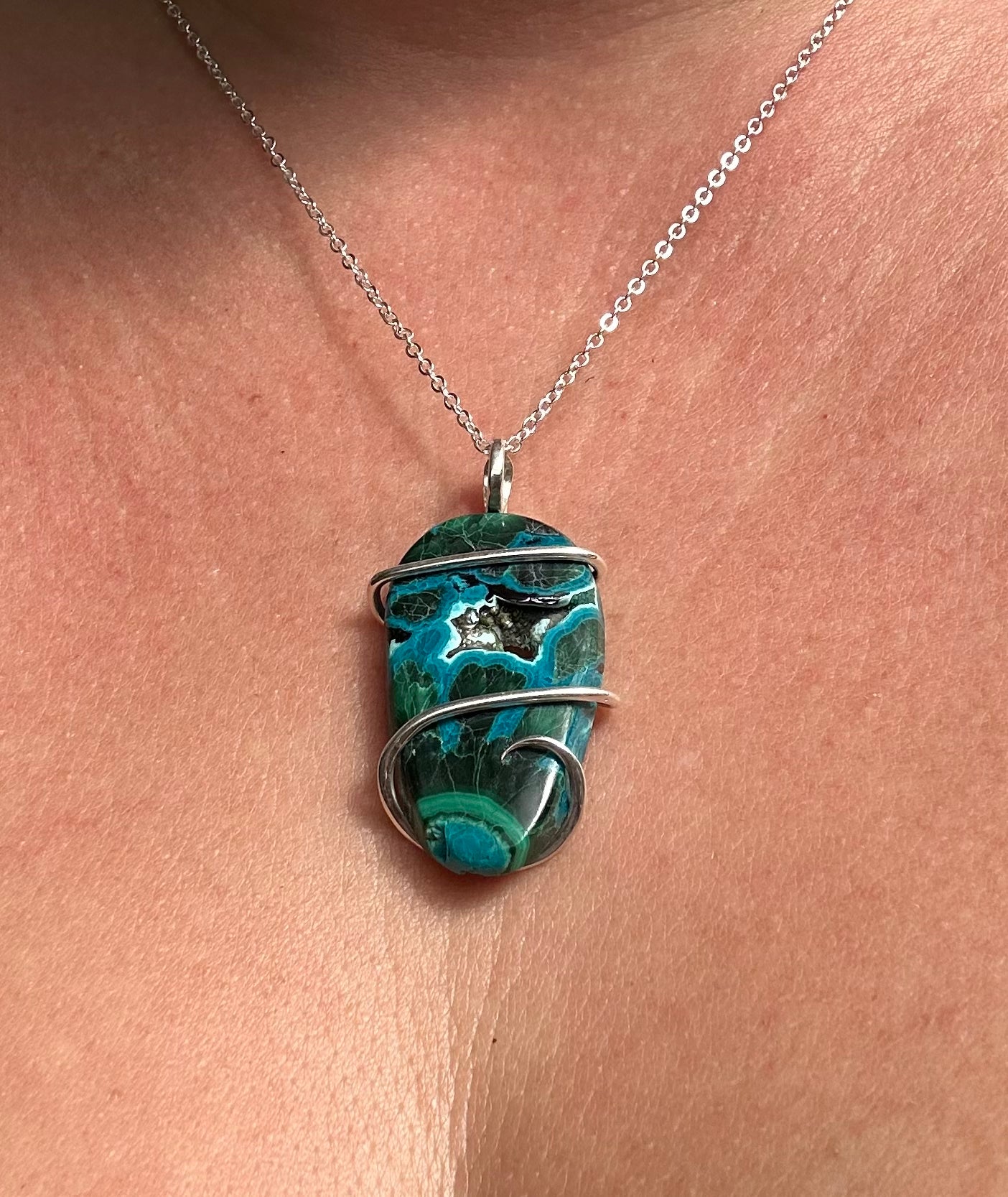 Azurite & Malachite Cabochon in Sterling Silver Tension Wrapped Pendant