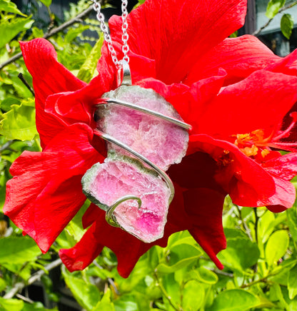 Watermelon Tourmaline Slice in Sterling Silver Tension Wrapped Pendant