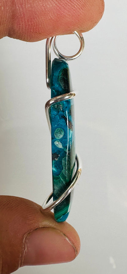 Azurite & Malachite Cabochon in Sterling Silver Tension Wrapped Pendant