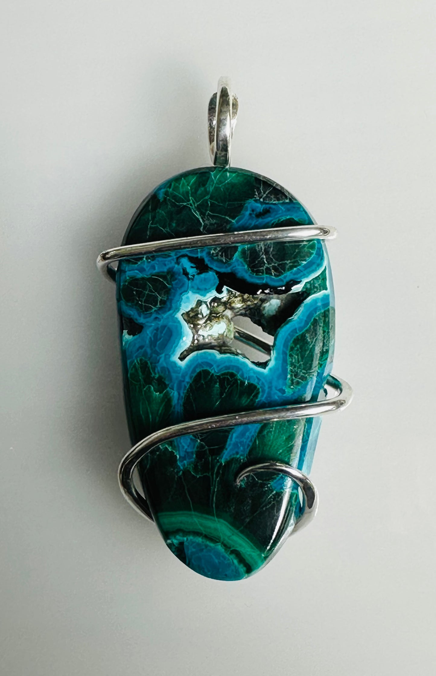 Azurite & Malachite Cabochon in Sterling Silver Tension Wrapped Pendant