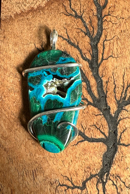 Azurite & Malachite Cabochon in Sterling Silver Tension Wrapped Pendant