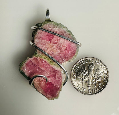 Watermelon Tourmaline Slice in Sterling Silver Tension Wrapped Pendant