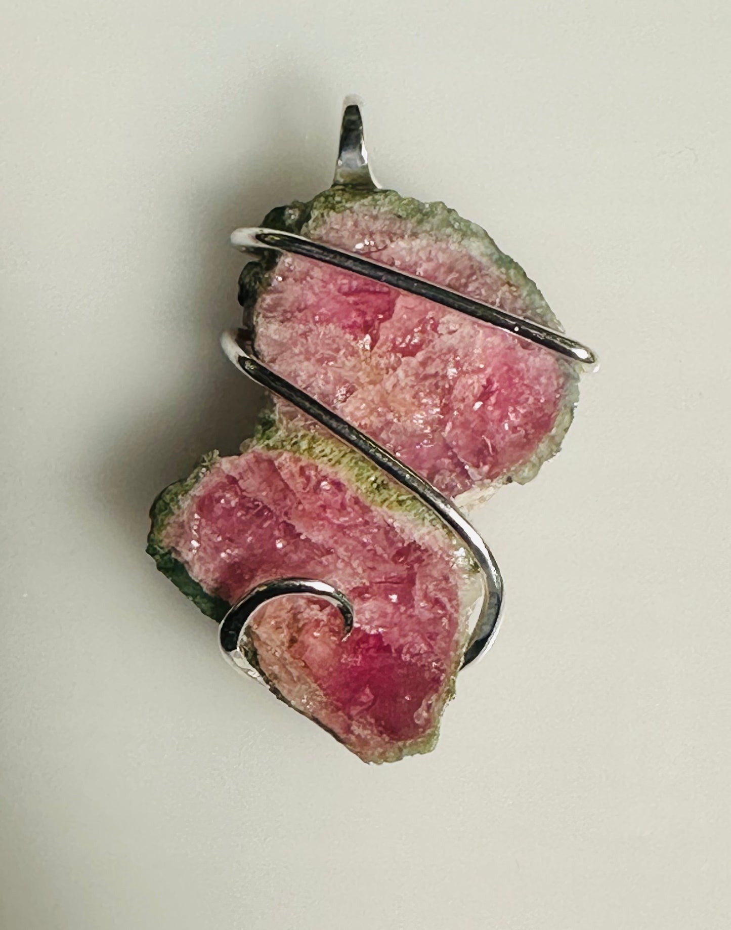 Watermelon Tourmaline Slice in Sterling Silver Tension Wrapped Pendant