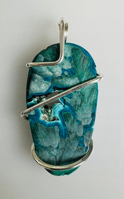 Azurite & Malachite Cabochon in Sterling Silver Tension Wrapped Pendant