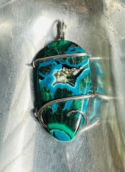 Azurite & Malachite Cabochon in Sterling Silver Tension Wrapped Pendant