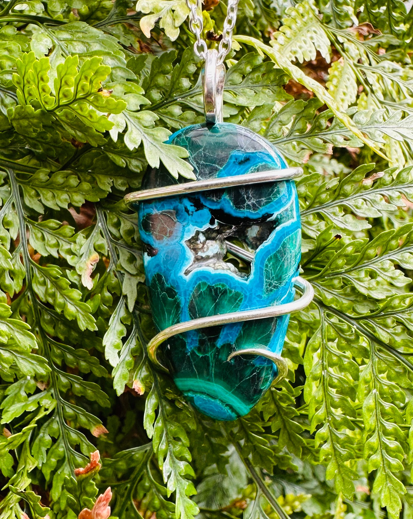 Azurite & Malachite Cabochon in Sterling Silver Tension Wrapped Pendant