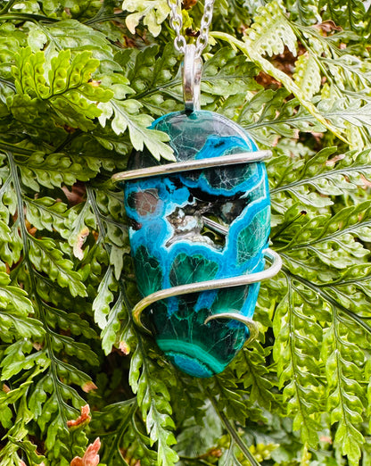 Azurite & Malachite Cabochon in Sterling Silver Tension Wrapped Pendant