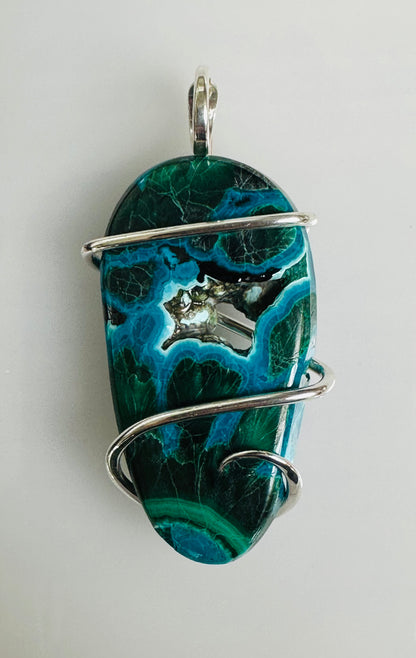 Azurite & Malachite Cabochon in Sterling Silver Tension Wrapped Pendant